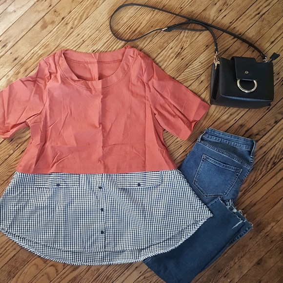 NWOT Burnt Orange + Checkered Top - Picture 3 of 3